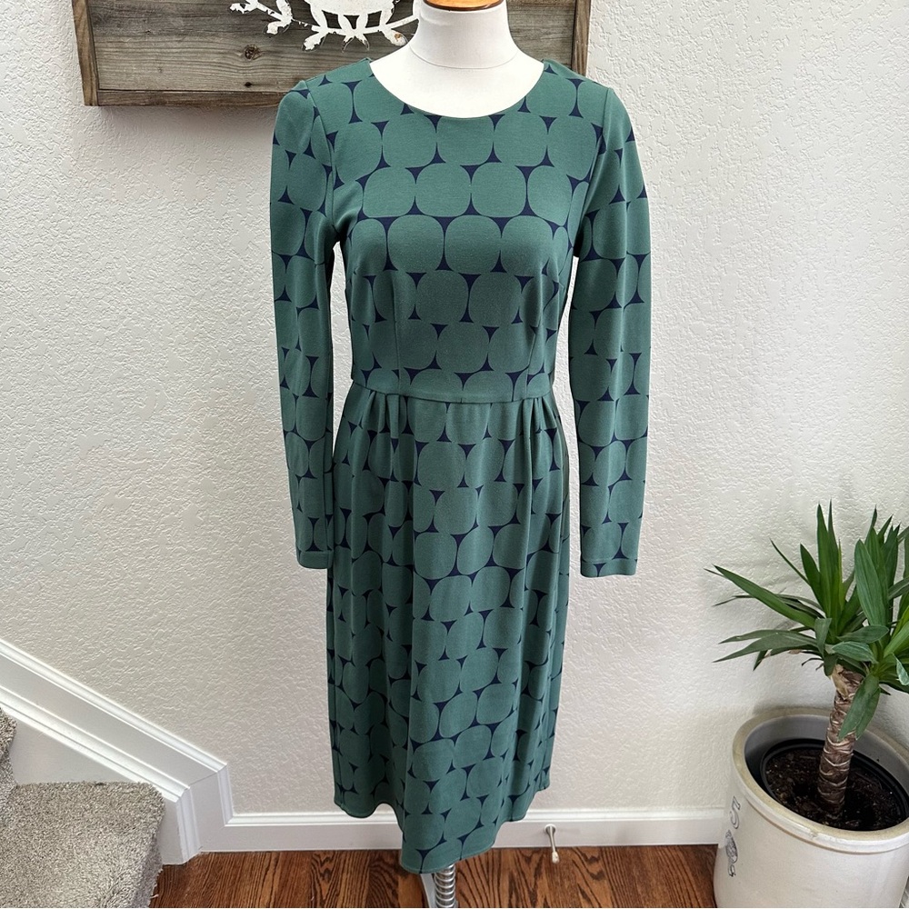 Boden Green Navy Geometric Print Long Sleeve Dress Ladies size US 10 Long